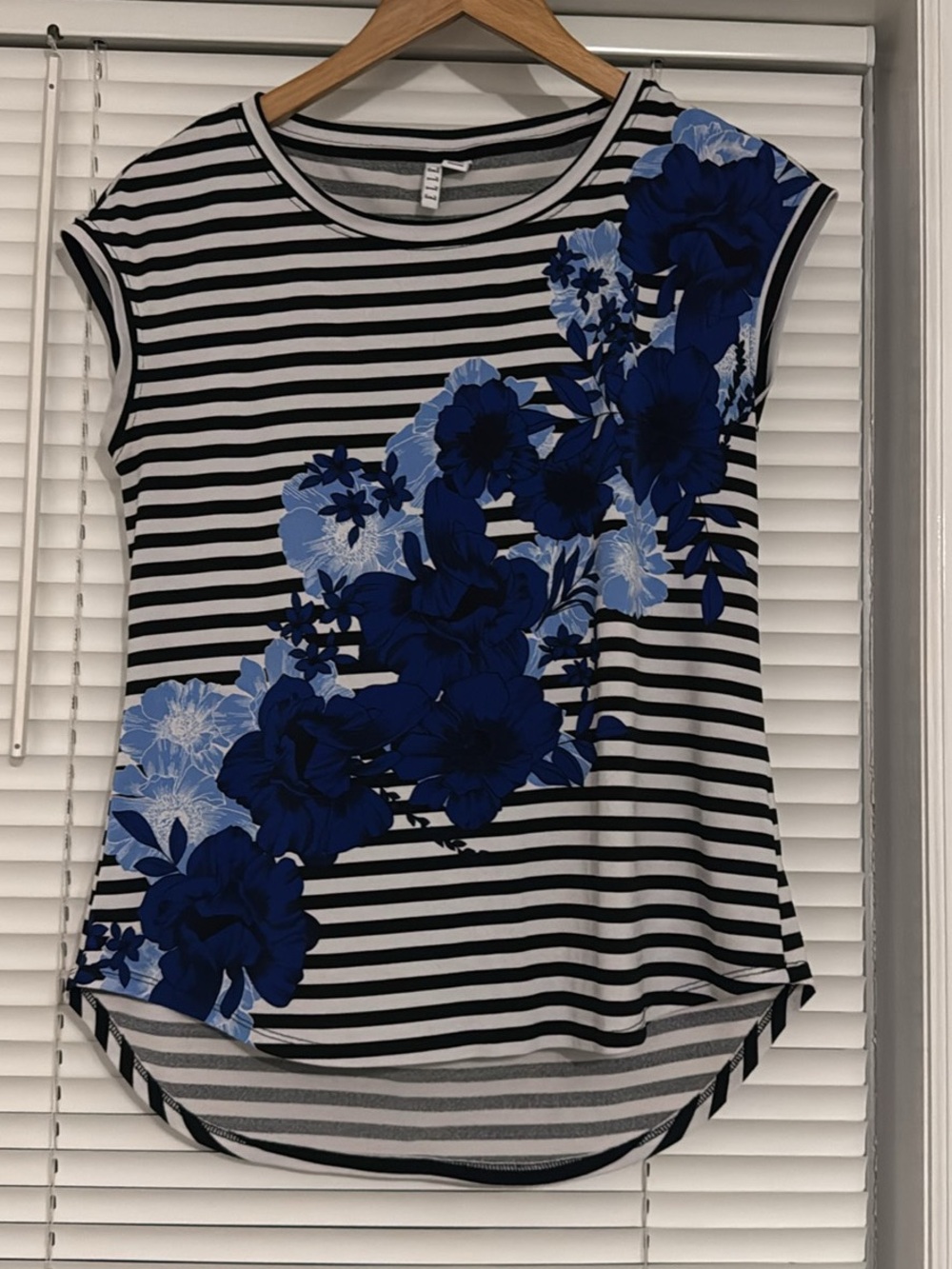 Elle Black & White Striped Tee with Blue Floral Accent